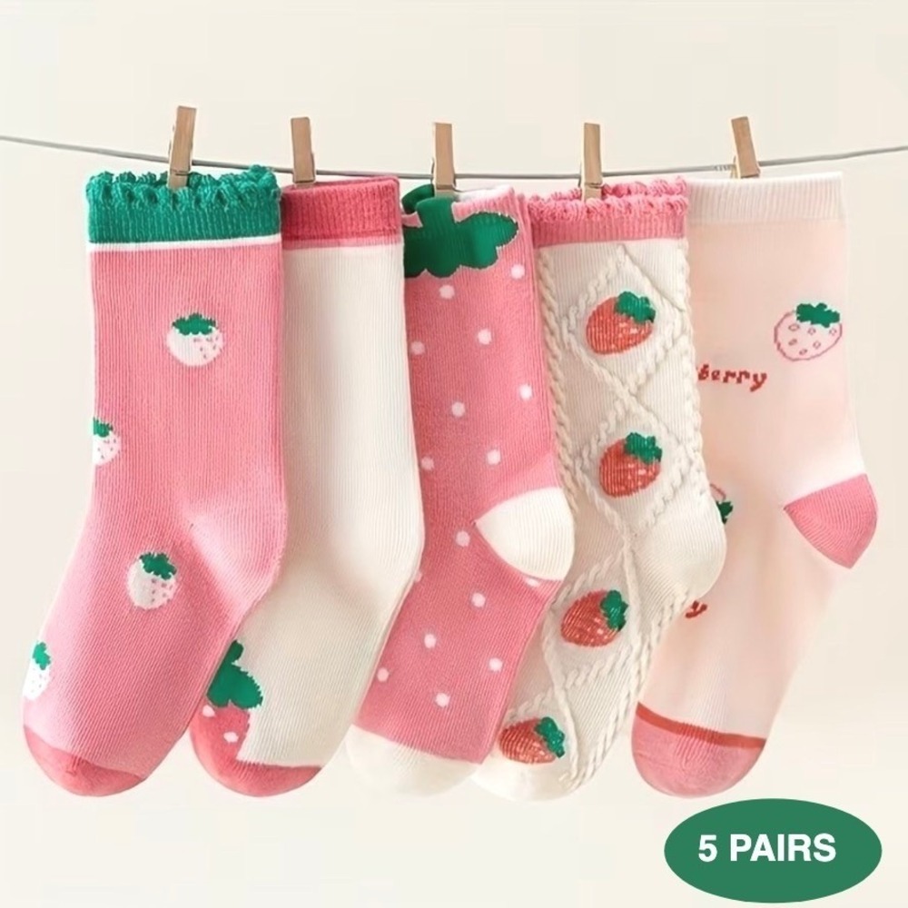 Girls Polychrome Strawberries Whimsical Socks 6-8‎ Durable Casual Pastel 5 Pairs